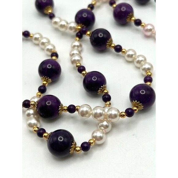 Amethyst? Purple Beaded Faux Pearl Necklace Gold Tone 30" Long - Picture 4 of 8